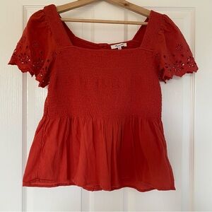 Madewell Lucie Smocked Cotton Peplum Top Blouse Orange/Red Size M